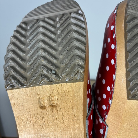 Bjork Swedish Comfort Emma Red Polka Dot Leather Wooden Clogs Women's 39 - Picture 8 of 8